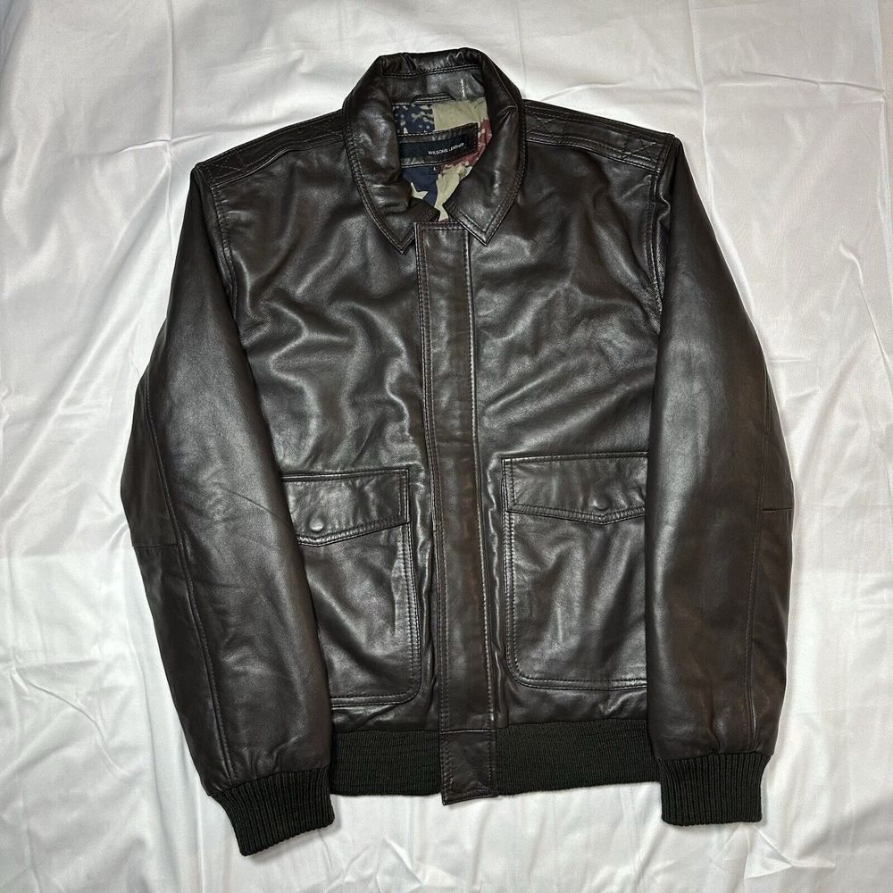 Vintage Wilsons Brown Leather Mens Large USA Flag A-2 Bomber Flight Jacket Lamb